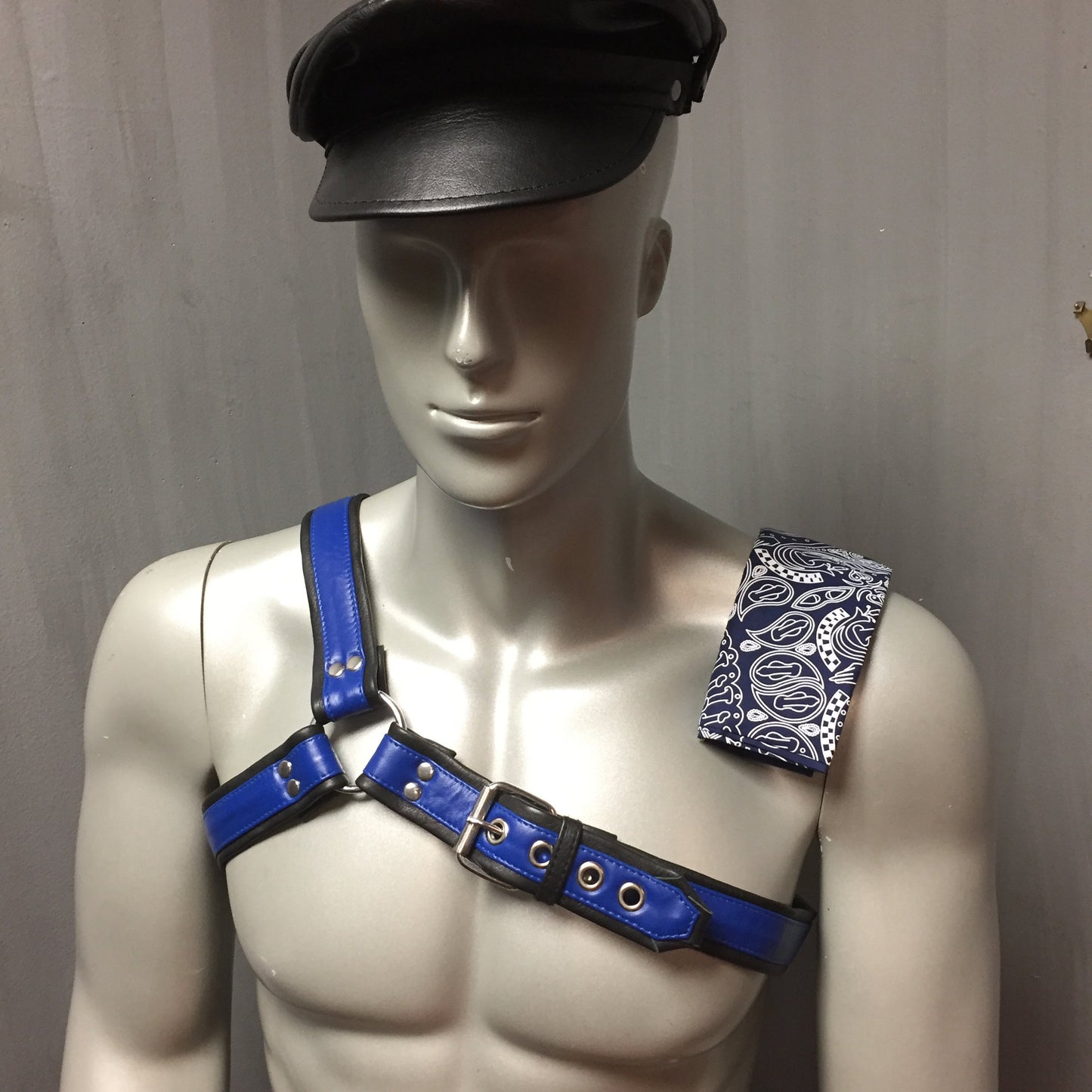 Blue 3 Straps Leather Asymmetrical Harness.