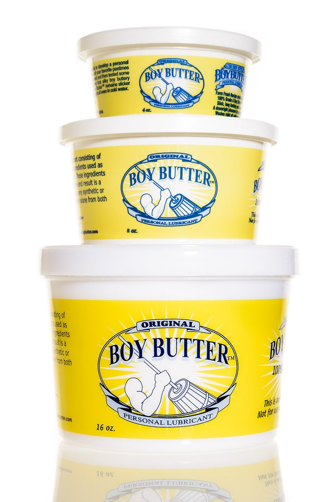 A stack of the 4oz, 8oz and 16oz tubs of Boy Butter Original.