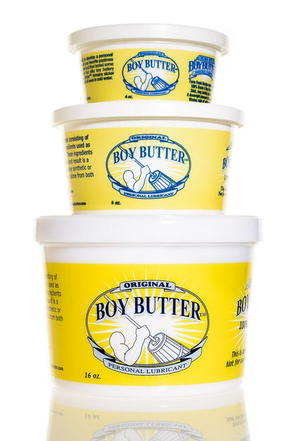 A stack of the 4oz, 8oz and 16oz tubs of Boy Butter Original.