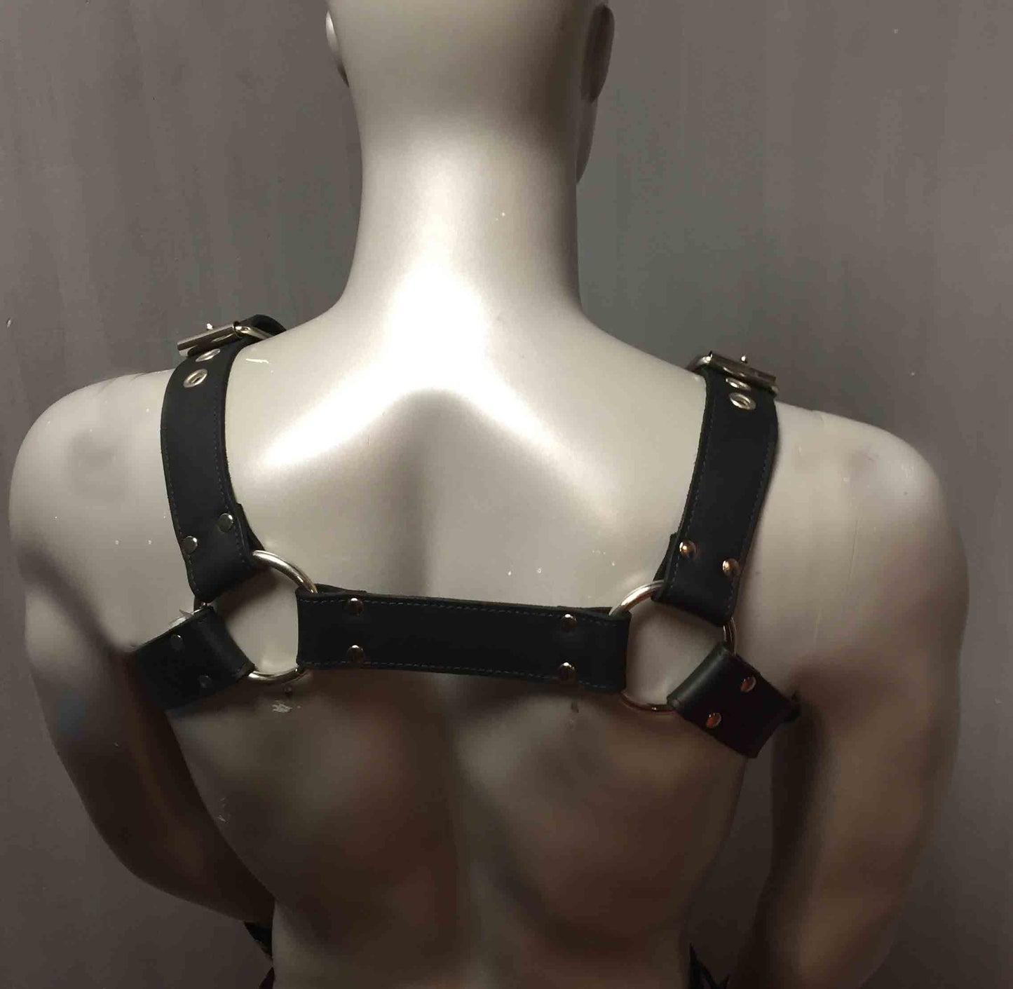 Modern Bulldog Buckle Harness on mannequin, rear view.