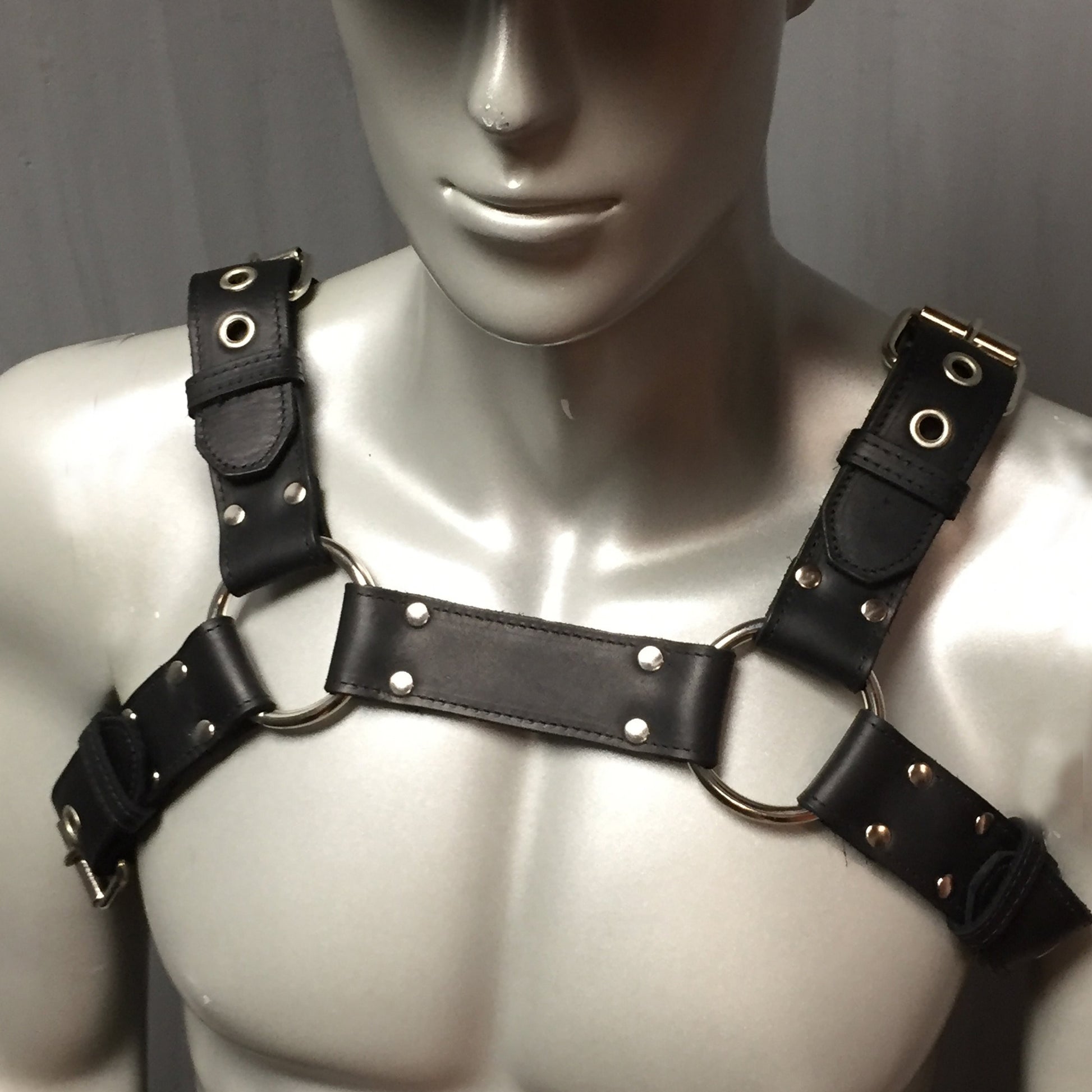 Close up of Bulldog Harness, front view on mannequin.