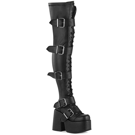 The right side of the 5" Camel Chunky Heel Thigh High Laced and Buckle Boots.