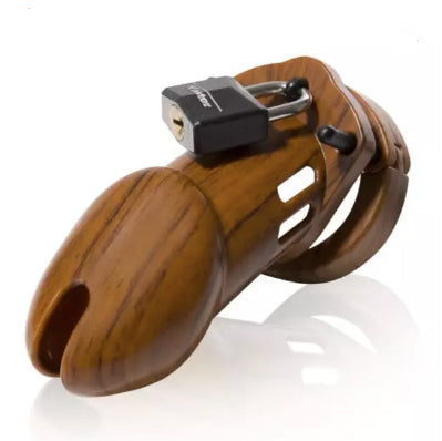 A wooden CB-6000 Chastity Device.