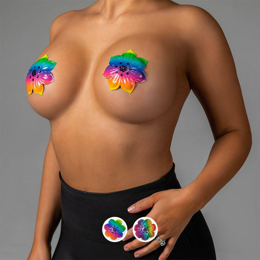 A model wearing the rainbow bright Blissidy's Deluxe Reusable Key West Pasties.