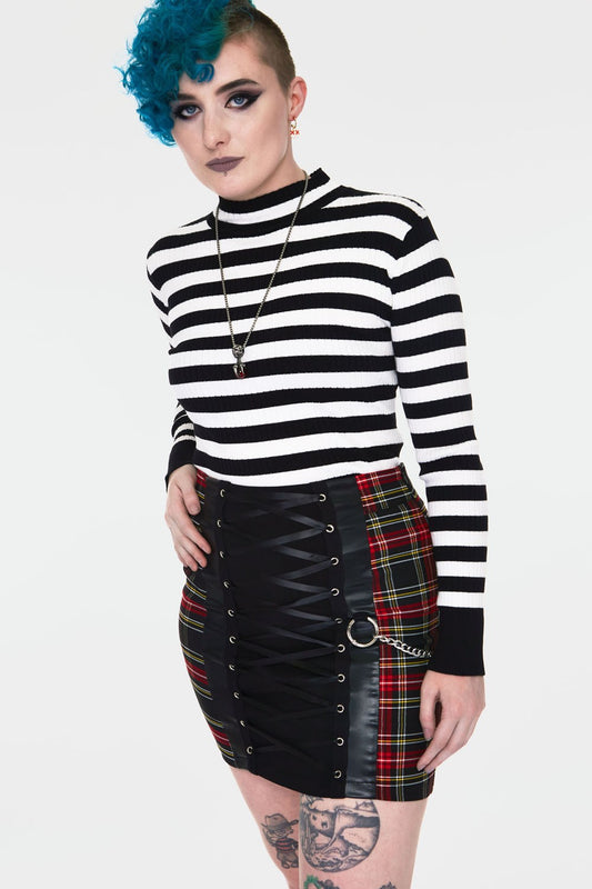 The front of the Tartan Tube Skirt with Lace-Up Front Panel.