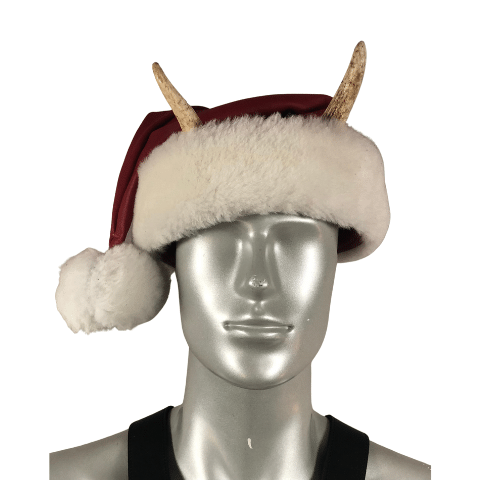 Antique Red leather Santa Hat w/krampus horns on mannequin head