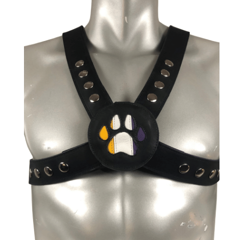 Non Binary leather pup paw harness medallion on mannequin