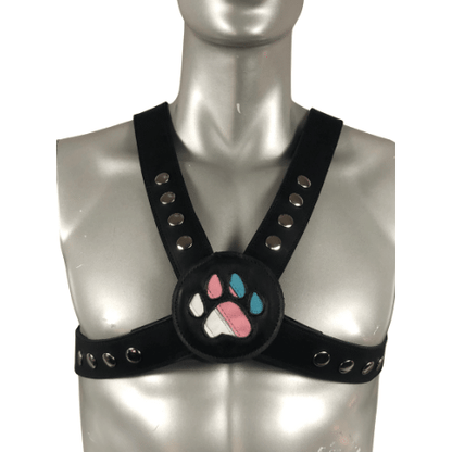 Trans Pride leather pup paw harness medallion