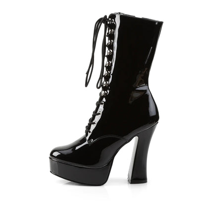 The left side of the black, patent leather Electra Ankle Boot.