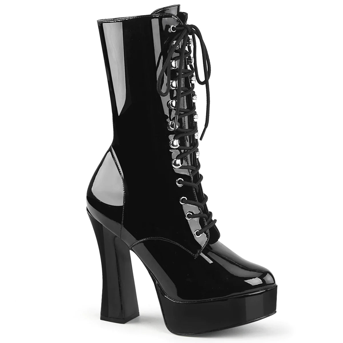 The right side of the black, patent leather Electra Ankle Boot.