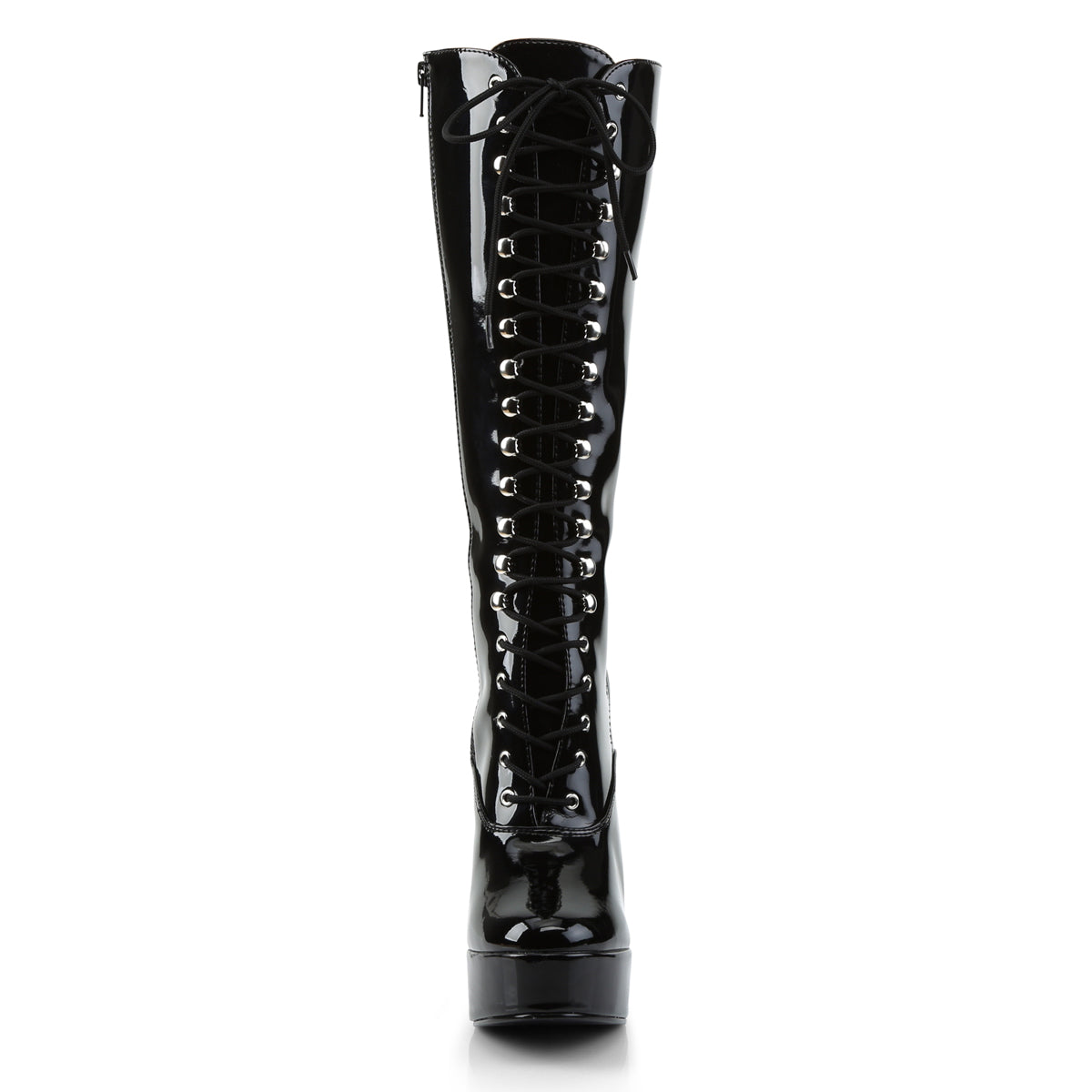 5" Electra Lace Up Knee Boot in black patent, front view.