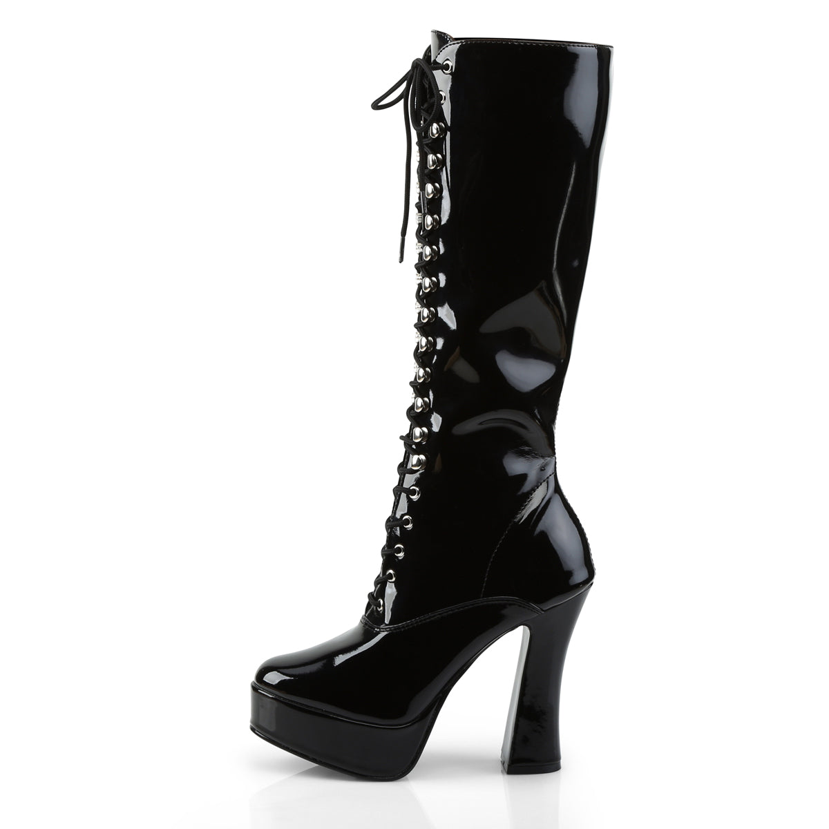 5" Electra Lace Up Knee Boot in black patent, left side view.