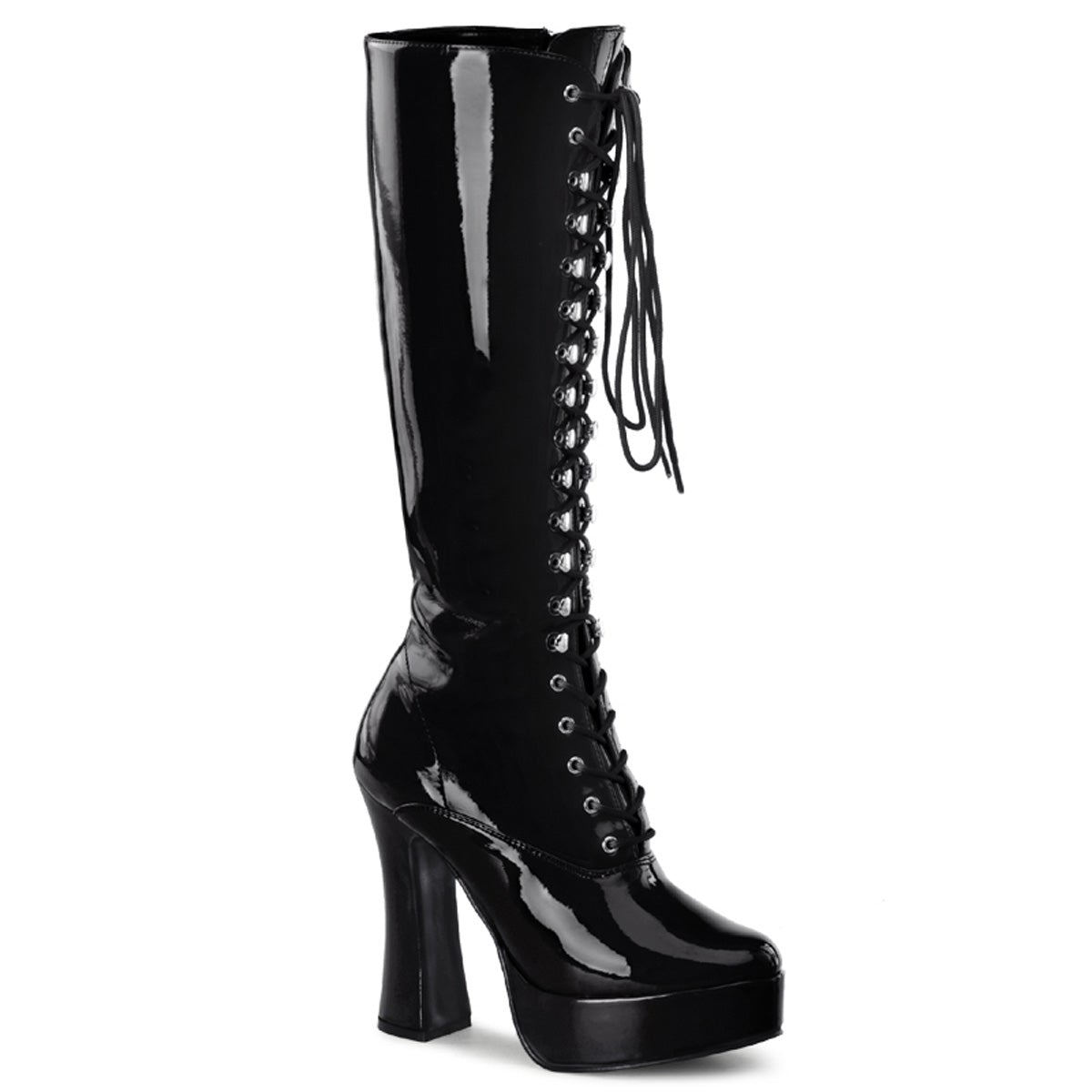 5" Electra Lace Up Knee Boot in black patent, right side view.
