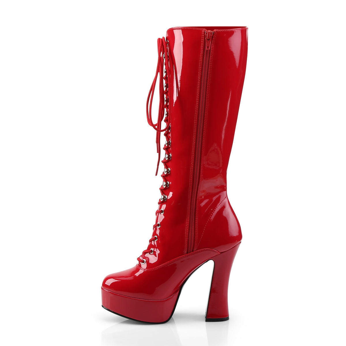 5" Electra Lace Up Knee Boot in red patent, view of inner zipper.
