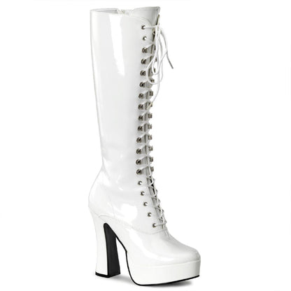 5" Electra Lace Up Knee Boot in white patent, right side view.