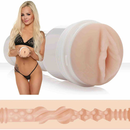 A composite of three photos; Elsa Jean holding the Tasty Fleshlight Girls, a closeup of the opening and a cross section of the inside of the toy.
