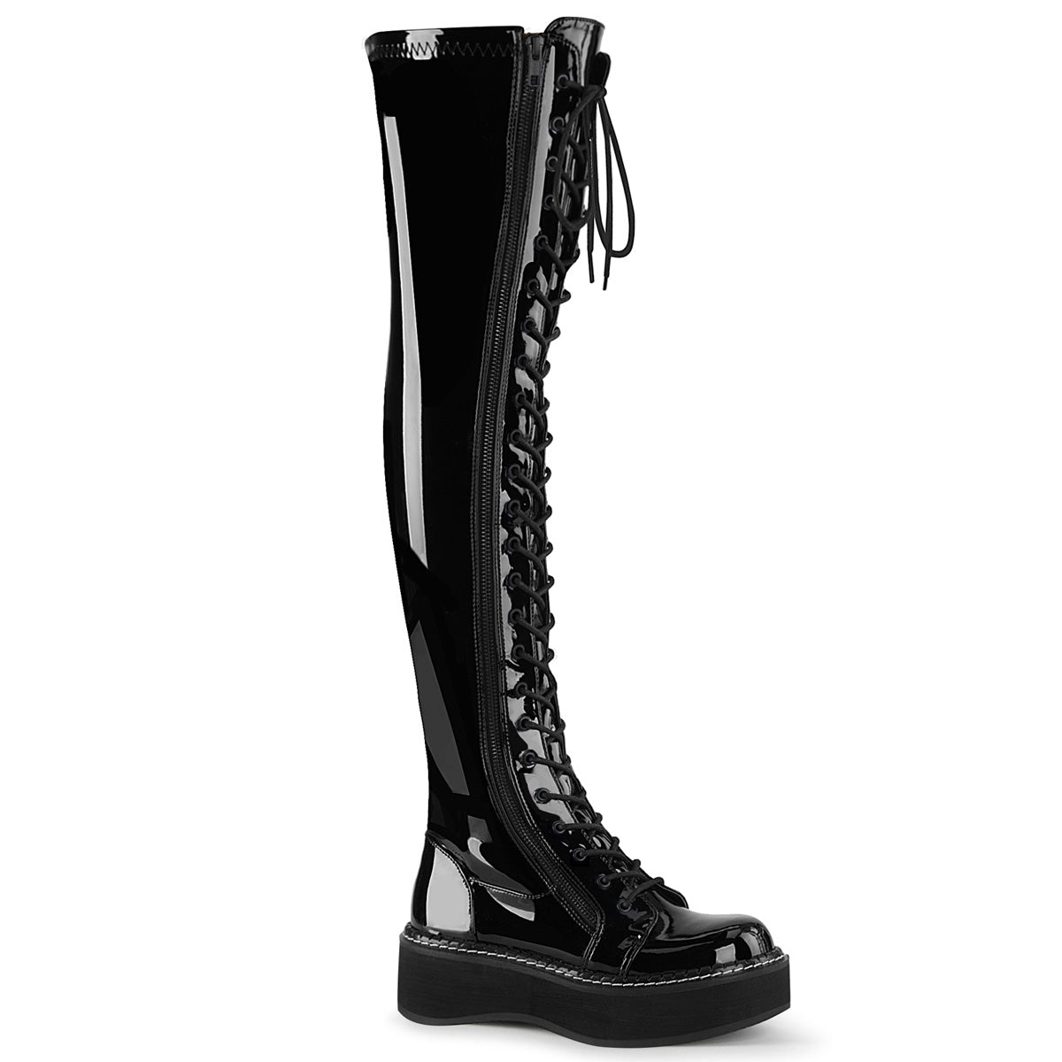 Black patent emily over-the-knee 2" platform boots.