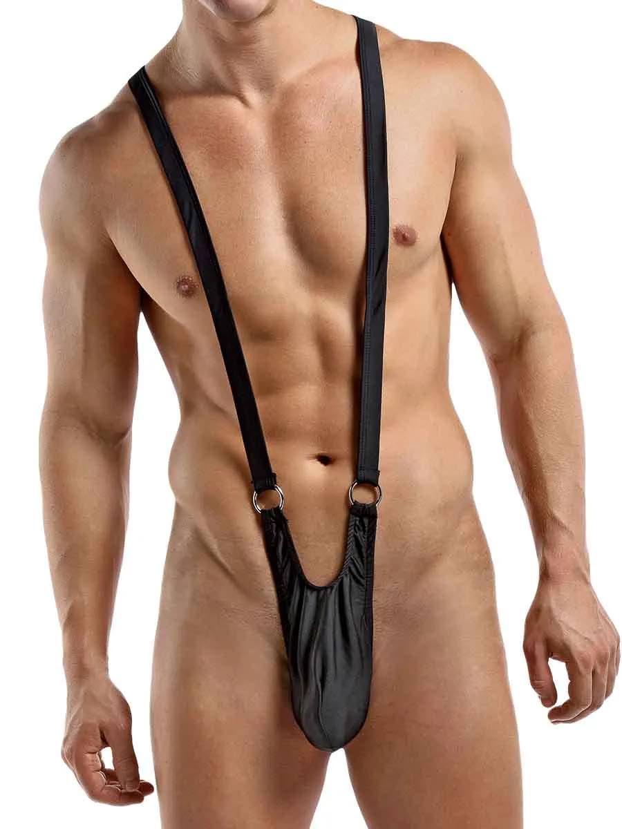 A model showing the front of the black Euro Sling Suspender Thong.