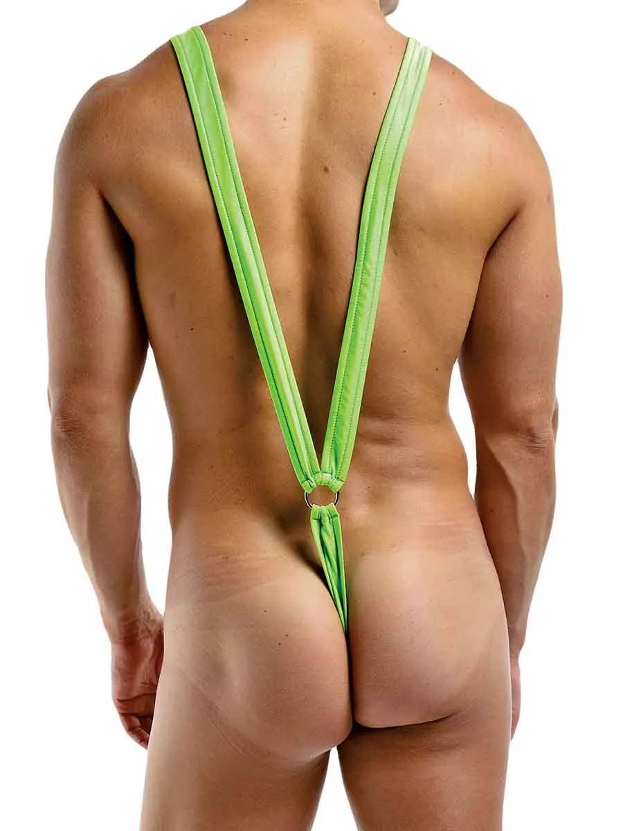 A model showing the back of the lime Euro Sling Suspender Thong.