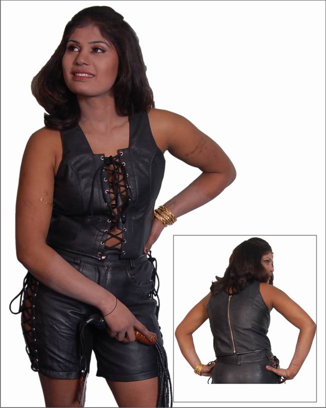 A feminine looking woman wears the leather lace up top with a pair of matching shorts. There is a smaller image showing the back of the top which has a zipper.