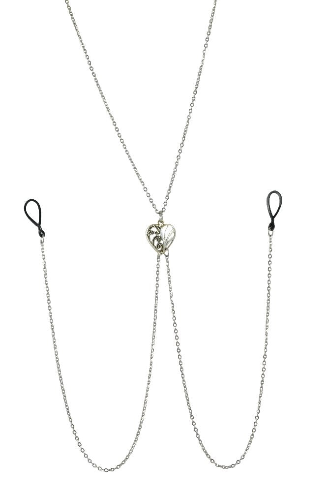 The Filigree Heart Stainless Steel Nipple Chain Necklace against a white background.