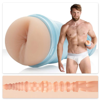 A composite of three photos; Colby Keller holding the Lumberjack Fleshlight Fleshjack Boys, a closeup of the opening and a cross section of the inside of the toy.