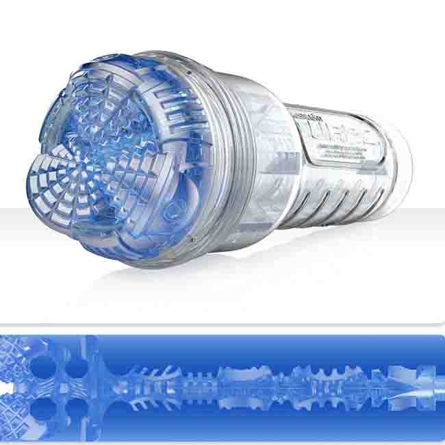 The Core Blue Ice Fleshlight Turbo along with a cross section that shows inside texture.