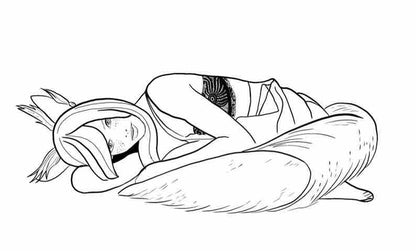 A page in Humanimals: A Romp Through Pet Play Coloring Book: A person in a fox costume laying on her side.