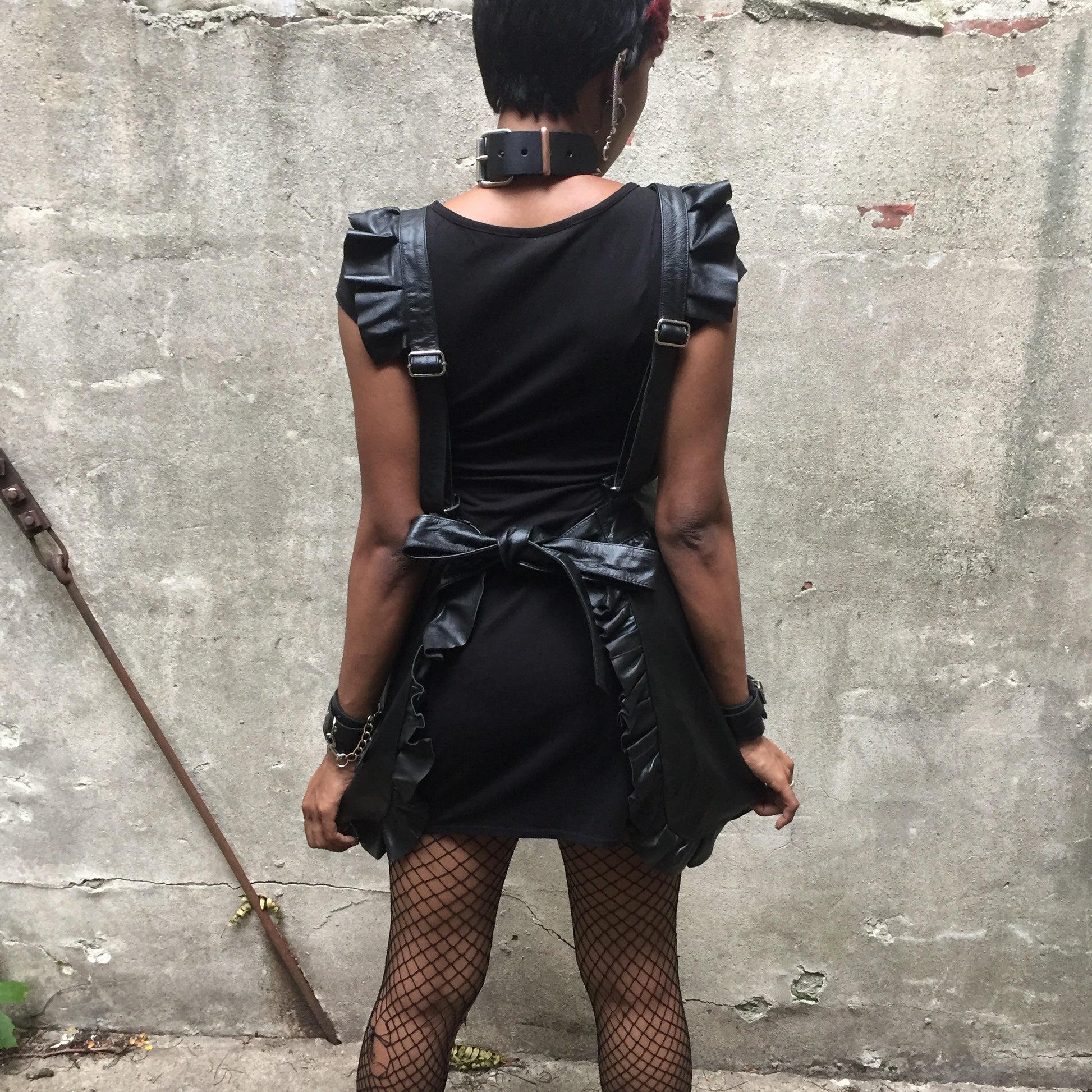 Leather Ruffle Full Apron on model rear view