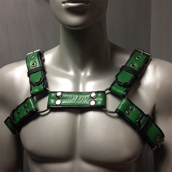 Green leather overlay 6 strap bulldog harness with Removable snap center on mannequin.