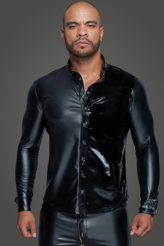 Model showing the front of the Long Sleeved Power Wetlook & PVC Shirt.
