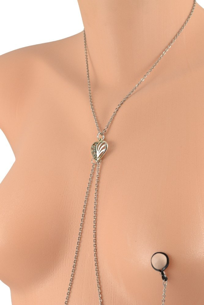 Closeup of the Filigree Heart Stainless Steel Nipple Chain Necklace on a mannequin. 