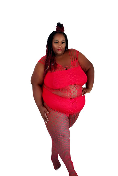 Plus size model wearing red Kixies All-in-One Bodystocking One Size XS-5XL.