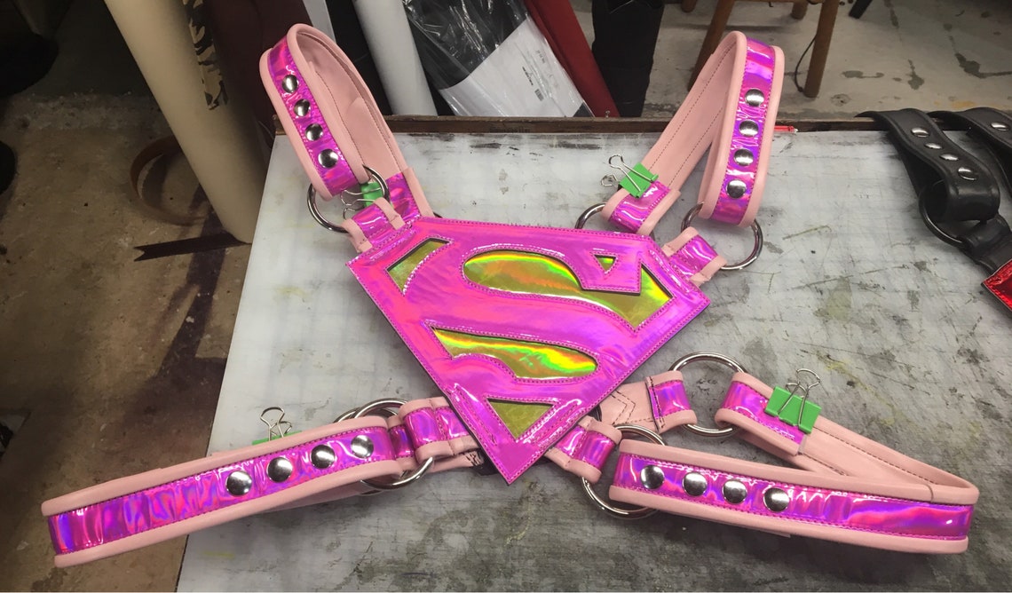 The pink iridescent Super Harness with matching straps.