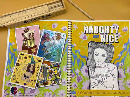 The front and back cover of Naughty and Nice: A Coloring Book for Babygirls.