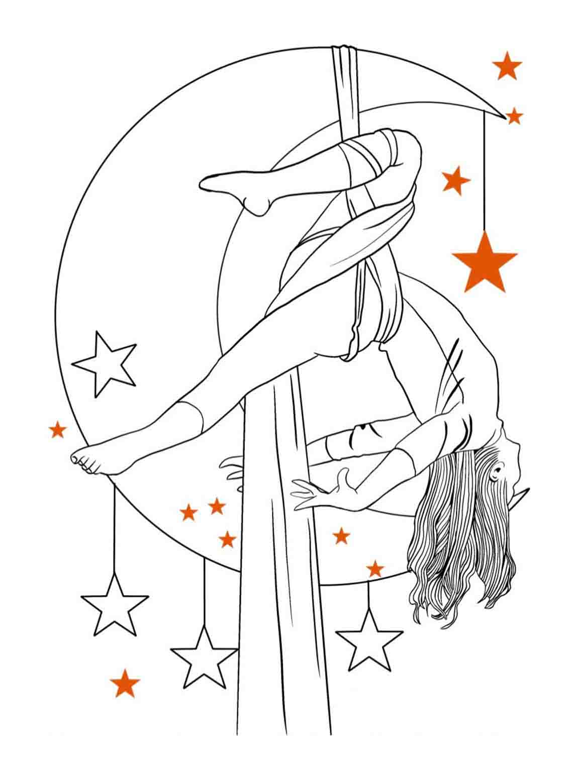 A page from the Bodies In Motion Coloring Book that has a woman hanging from silk fabric that is attached to a moon with stars.