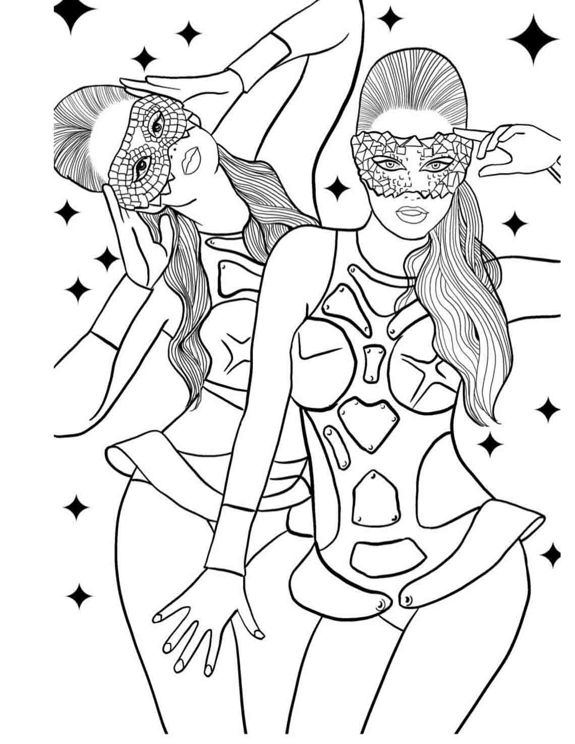 A page from the Bodies In Motion Coloring Book that has two masked dancers wearing matching outfits.