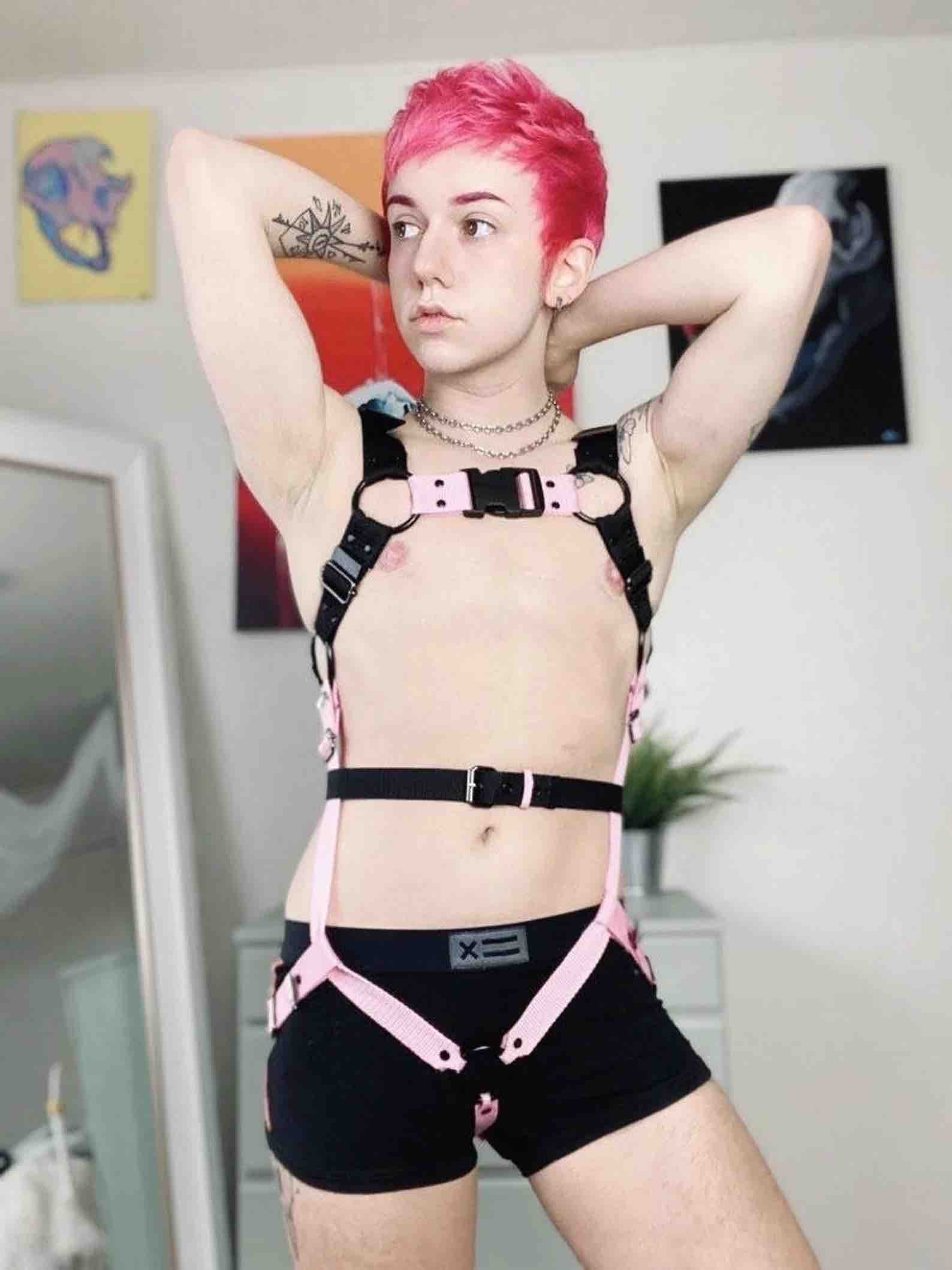 Model showing the front of the Black and Pink Transsexy Full Body Strapping Harness.