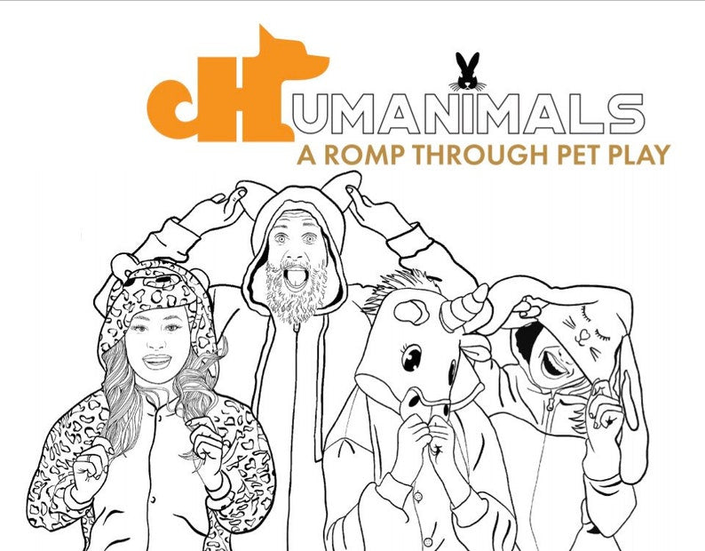 The cover of Humanimals: A Romp Through Pet Play Coloring Book. The picture on the cover is of 4 people in animal onesies.