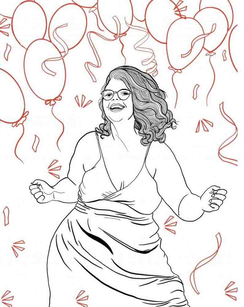 A page from the Bodies In Motion Coloring Book that has a plus size woman dancing with balloons all around her.