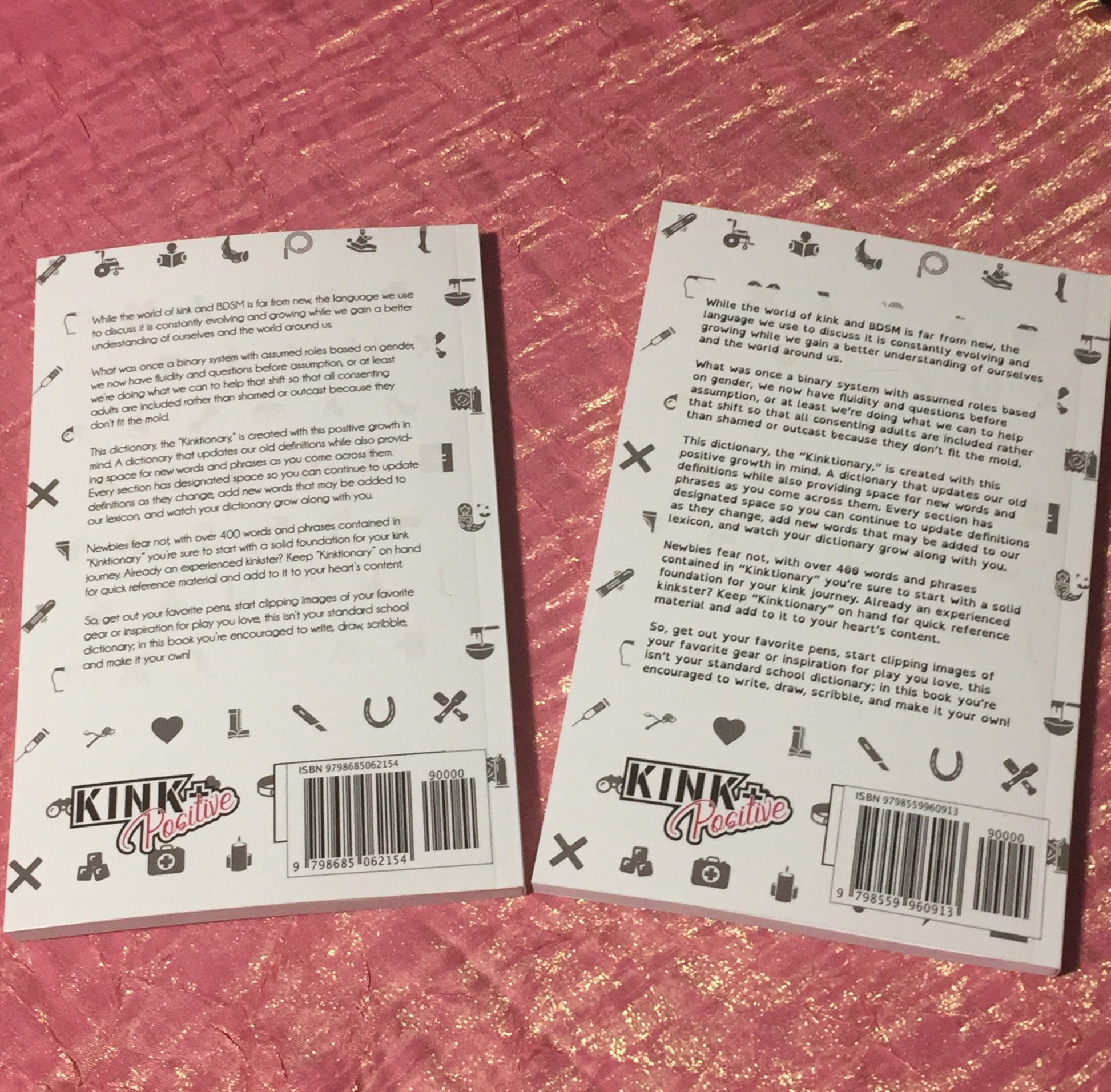 Two books displaying the back covers of both print versions of Kinktionary - Ignixia Roberts.