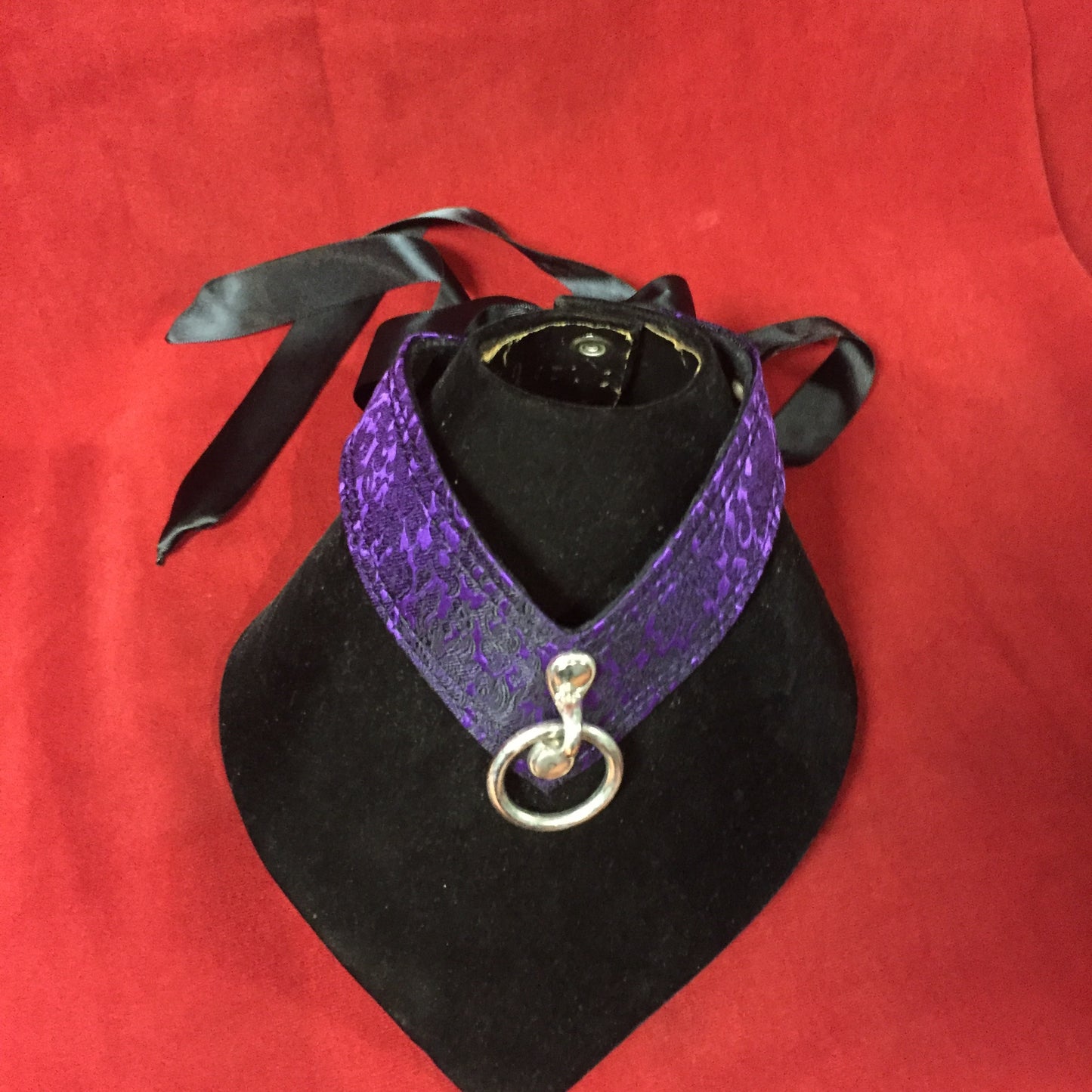 A purple peony Tie-Back Chevron Choker with O Ring.