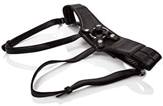 The front of the black Royal Empress Strap-On Harness lying flat on a surface.