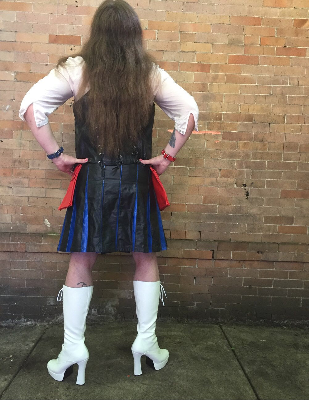 Leather Pride Flag Heritage Kilt, rear full view.