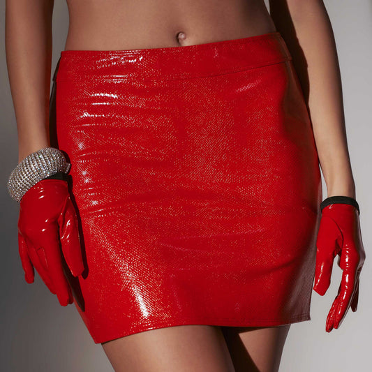 The front of the Red Hot Vinyl Snake Print Mini Skirt.