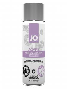 A 2oz bottle of Jo Agape lubricant with a grey top and lavender graphics.