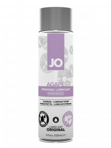 A 4oz bottle of Jo Agape lubricant with a grey top and lavender graphics.