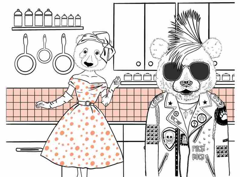 A page in Humanimals: A Romp Through Pet Play Coloring Book: Two people dressed as bears in a kitchen. One bear is dressed like a punk rocker, the other like a 50's housewife.