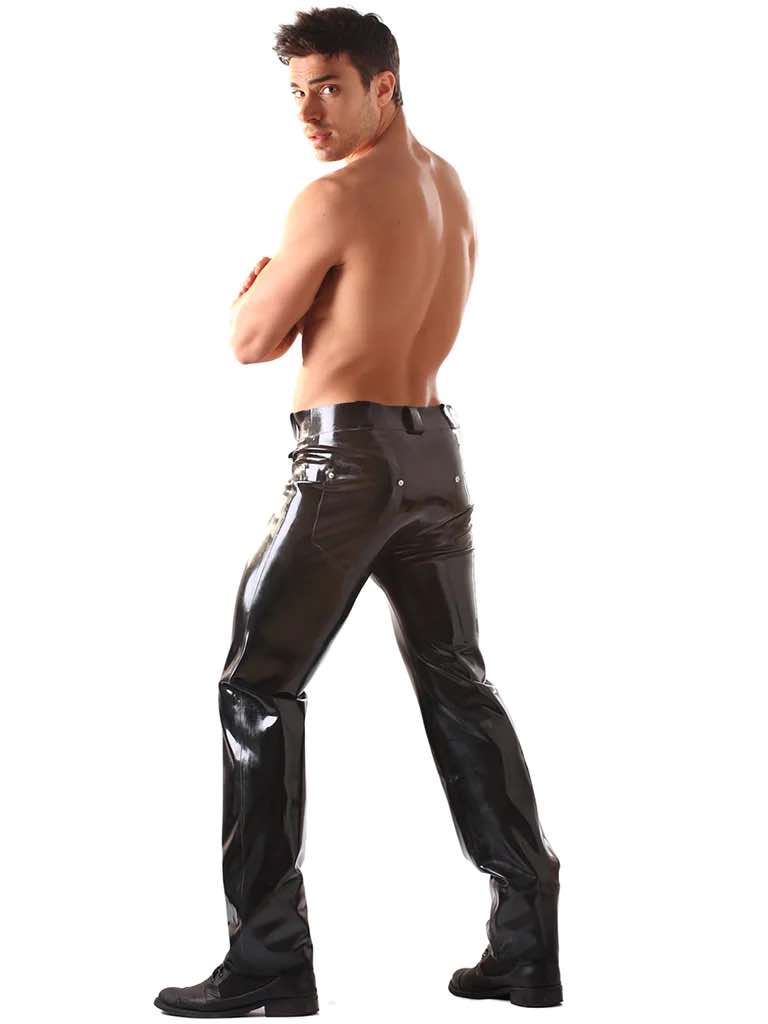 A shirtless model wearing the Latex Jeans with Front & Back Pockets, left side view.