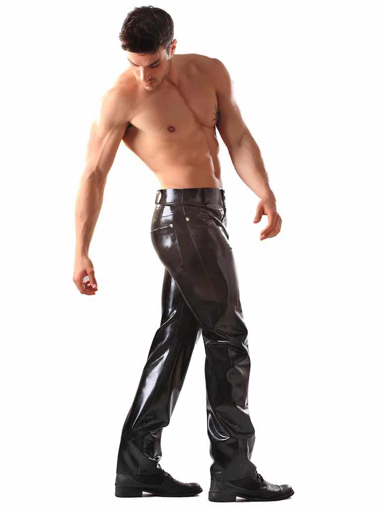 A shirtless model wearing the Latex Jeans with Front & Back Pockets, right side view.